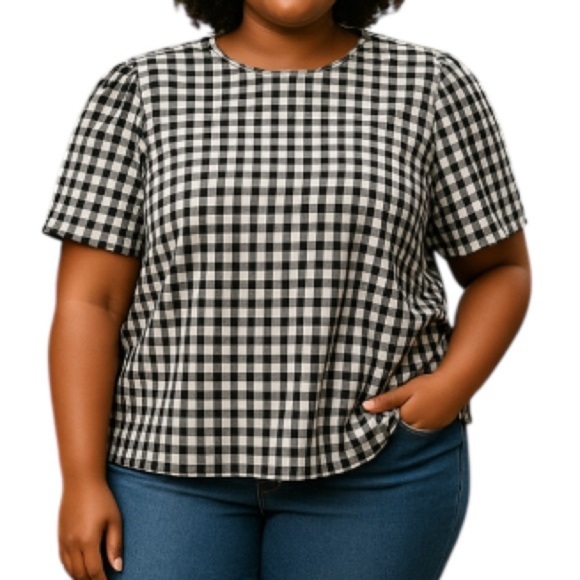 Signature Reitmans Seersucker Gingham Plaid Blouse Puff Sleeve Black White XXL - Picture 1 of 13
